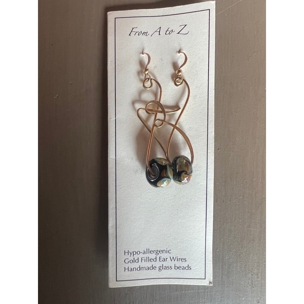 A to Z Glass Bead Drop Earrings Artisan Gold Filled Abstract Swirl  READ